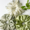 Set of 3 premium satin silk scrunchies in white sage green pastel colors for women and girls
