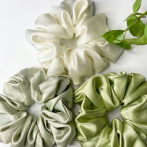 Set of 3 premium satin silk scrunchies in white sage green pastel colors for women and girls