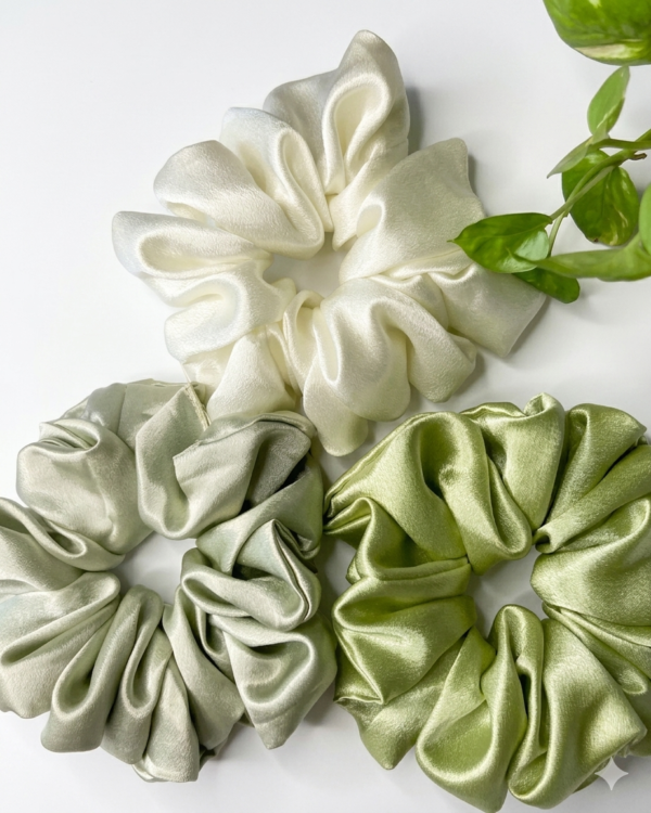 Set of 3 premium satin silk scrunchies in white sage green pastel colors for women and girls