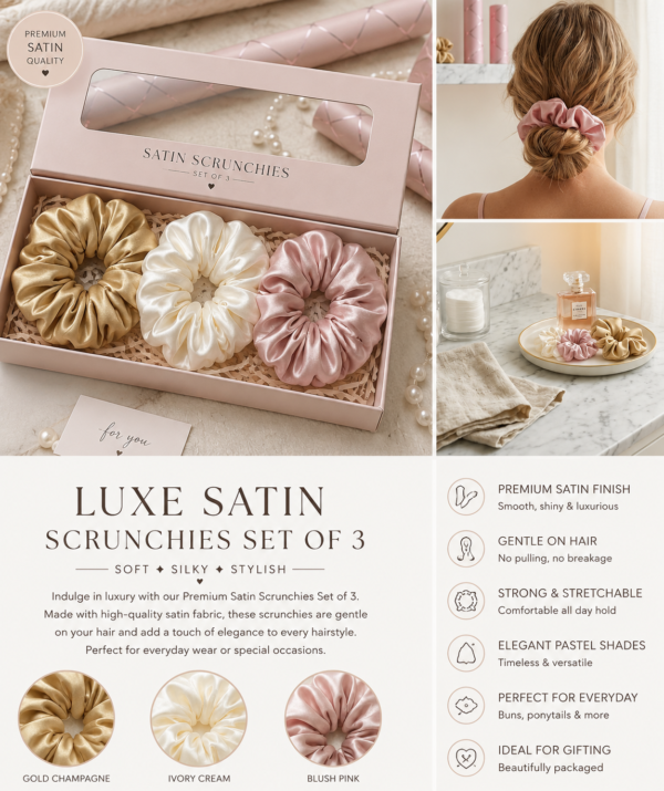 Luxe Satin Scrunchies Set of 3 for Women & Girls | Premium Silk Hair Bands Combo