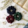 Luxury satin silk scrunchies set of 3 in navy blue, emerald green and wine red colors for women and girls