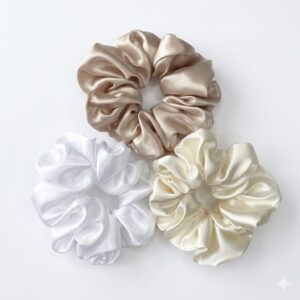 Premium satin silk scrunchies set of 3 in pearl white, ivory cream and champagne beige colors