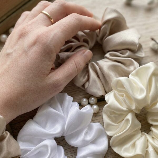 Pearl Glow Satin Scrunchies Set of 3 for Women & Girls | Premium Silk Hair Bands Combo Pack