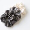 Luxury satin silk scrunchies set of 3 in charcoal grey silver and ivory white colors