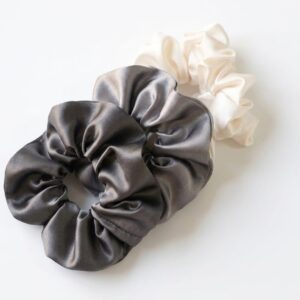 Luxury satin silk scrunchies set of 3 in charcoal grey silver and ivory white colors