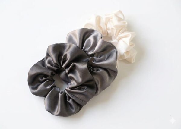 Luxury satin silk scrunchies set of 3 in charcoal grey silver and ivory white colors