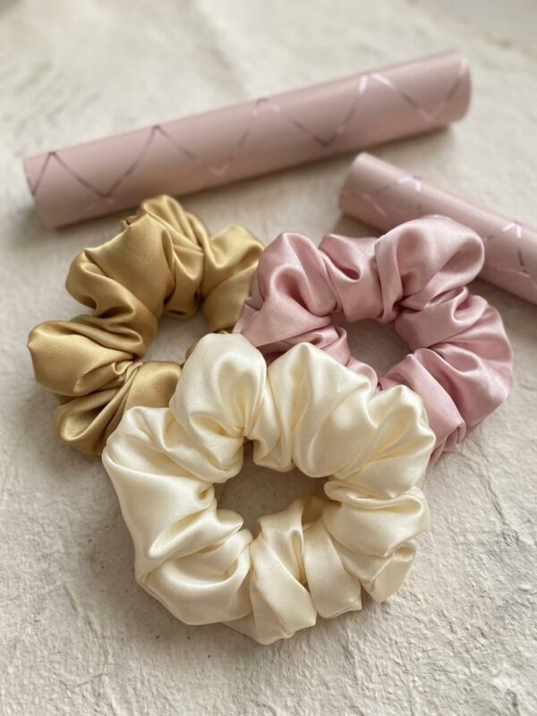 Luxury satin silk scrunchies set in gold champagne, ivory cream and blush pink pastel shades for women and girls