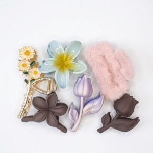 Korean Flower Hair Claw Clip Combo Set for Women & Girls | Aesthetic Floral Hair Accessories | Daisy, Tulip, Plumeria & Fuzzy Hair Clutcher Pack of 6 Cute Korean floral hair claw clips featuring daisy, tulip, plumeria, rose and fuzzy hair clutcher designs for everyday styling.