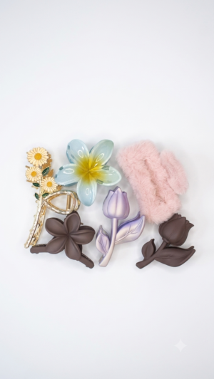Cute Korean floral hair claw clips featuring daisy, tulip, plumeria, rose and fuzzy hair clutcher designs for everyday styling.