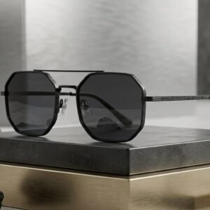 Luxury black geometric polygon sunglasses with UV400 lenses for men and women, lightweight Korean fashion sunglasses with premium metal frame.