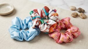 Premium satin scrunchies pack of 3 with pastel blue, pink floral and printed silk hair ties for women girls, soft elastic hair accessories, ponytail holder, aesthetic scrunchie combo.