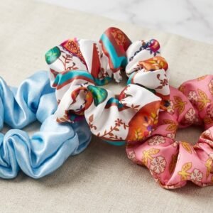 Premium Satin Scrunchies Pack of 3 for Women & Girls | Soft Silk Hair Accessories Premium satin scrunchies pack of 3 with pastel blue, pink floral and printed silk hair ties for women girls, soft elastic hair accessories, ponytail holder, aesthetic scrunchie combo.