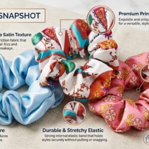 Satin Scrunchies for Women & Girls | Pack of 3 Soft Elastic Hair Bands | Premium Silk Satin Hair Ties | Pastel Blue, Floral Print & Pink Hair Accessories