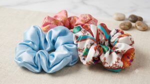 Satin Scrunchies for Women & Girls | Pack of 3 Soft Elastic Hair Bands | Premium Silk Satin Hair Ties | Pastel Blue, Floral Print & Pink Hair Accessories