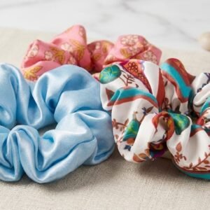 Satin Scrunchies for Women & Girls | Pack of 3 Soft Elastic Hair Bands | Premium Silk Satin Hair Ties | Pastel Blue, Floral Print & Pink Hair Accessories