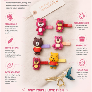 Cute Cartoon Bear Hair Clips for Girls & Kids | Kawaii Silicone Alligator Hair Clips | Korean Hair Accessories (Pack of 6)