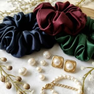 WhatsApp Image 2026-07-23 at 9.04.31 PM (3) Luxury Satin Silk Scrunchies for Women & Girls (Pack of 3 – Navy Blue, Emerald Green & Burgundy) | Soft No-Crease Hair Ties | Anti-Breakage Premium Korean Hair Accessories