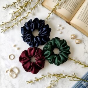 Luxury Satin Silk Scrunchies Pack of 3 – Navy Blue, Emerald Green & Burgundy Luxury satin silk scrunchies pack of 3 navy blue emerald green burgundy premium hair ties anti breakage no crease hair bands