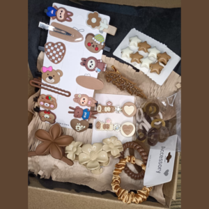 hair accessories hamper "Cute bear-themed brown hair accessories gift hamper with star clips, claw clip and scrunchie - India"