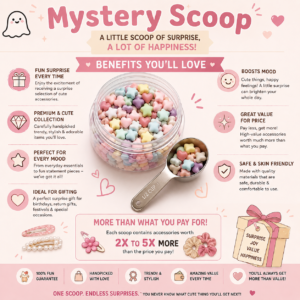 Mystery scoop of happiness Infographic listing possible mystery scoop items - claw clips, scrunchies, rings, jewelry, pillowcase, bandana