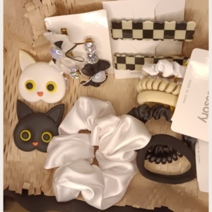 Panda and owl shaped hair clips with black satin scrunchie in gift hamper set