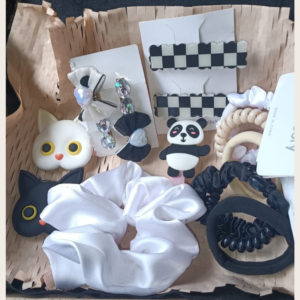 Whiskers & Bows Hair Accessory Gift Hamper Cat and owl hair clips, checkerboard claw clips, and satin scrunchie in a gift hamper