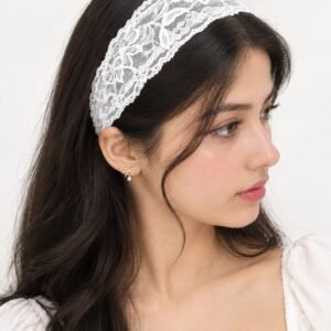 White Floral Lace Headband for Women, Wide Stretch Hair Band, Soft Comfortable Fit