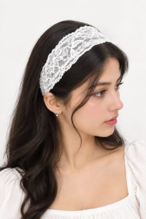 White Floral Lace Headband for Women, Wide Stretch Hair Band, Soft Comfortable Fit