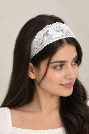 White Floral Lace Headband for Women Wide Stretch Hair Band (Free Size)
