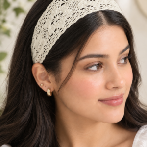 Ivory Crochet Lace Headband, Wide Floral Knit Hair Band for Women