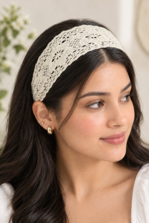Ivory Crochet Lace Headband for Women, Wide Floral Knit Hair Band, Boho Style Ivory Crochet Lace Headband, Wide Floral Knit Hair Band for Women