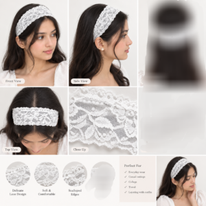 White Lace Headband, Wide Stretch Floral Hair Band for Women Girls